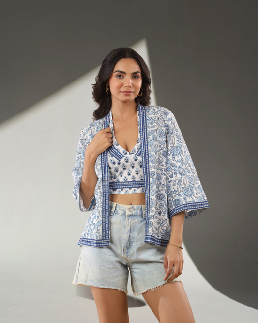 Blue Mirage - Blue & White Crop Top + Kimono Set